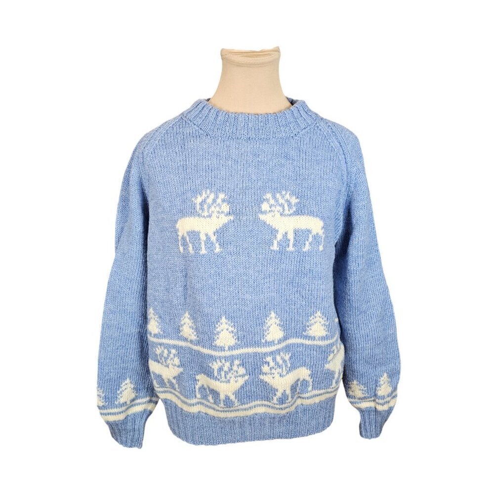 Vintage Light Blue and White Moose Holiday Sweater Sz L